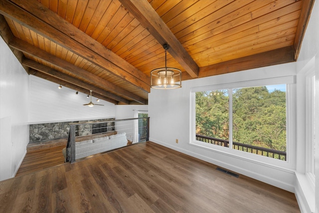 3400 Hillcrest St, Redding, CA 96001 - unfurnished living room featuring a wooden ceiling with exposed beams, wood finished floors, a chandelier, and a ceiling fan