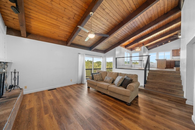 3400 Hillcrest St, Redding, CA 96001 - living room with wooden ceiling, healthy amount of natural light, dark wood finished floors, a ceiling fan, and stairs
