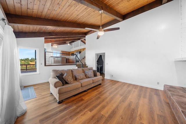 3400 Hillcrest St, Redding, CA 96001 - living area with a ceiling fan, wood finished floors, wooden ceiling, and stairway