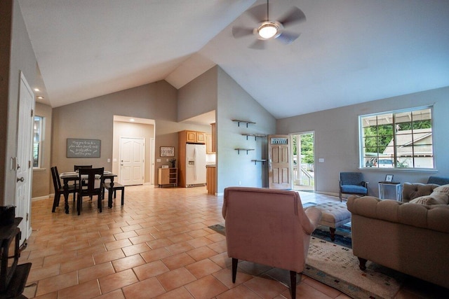 35363 Nehemiah Dr, Shingletown, CA 96088 - living area featuring ceiling fan, high vaulted ceiling, light tile patterned floors, and recessed lighting