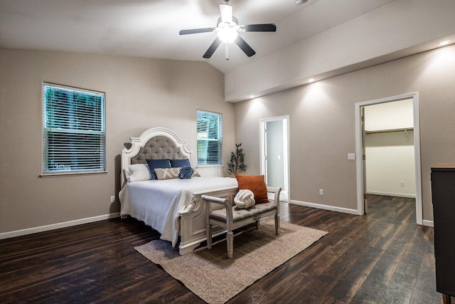 35363 Nehemiah Dr, Shingletown, CA 96088 - bedroom with lofted ceiling, wood finished floors, a walk in closet, and a ceiling fan
