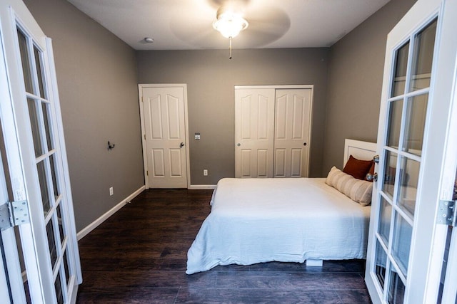 35363 Nehemiah Dr, Shingletown, CA 96088 - bedroom featuring french doors, wood finished floors, a closet, and a ceiling fan