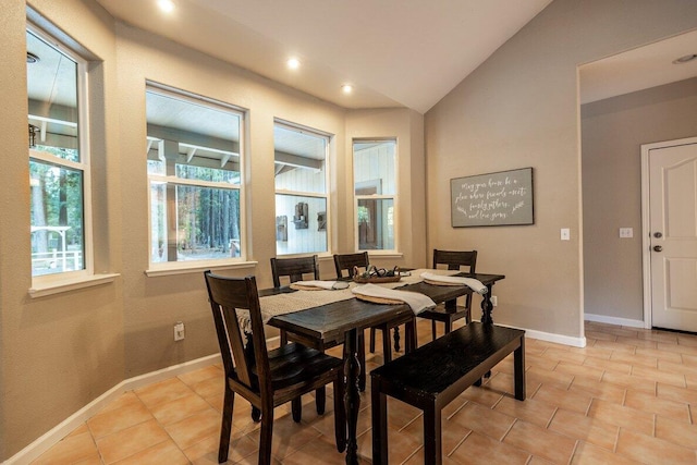 35363 Nehemiah Dr, Shingletown, CA 96088 - dining room with light tile patterned floors, vaulted ceiling, and recessed lighting