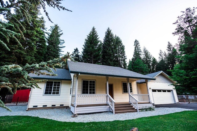 35363 Nehemiah Dr, Shingletown, CA 96088 - ranch-style home with covered porch, asphalt driveway, a garage, crawl space, and roof with shingles