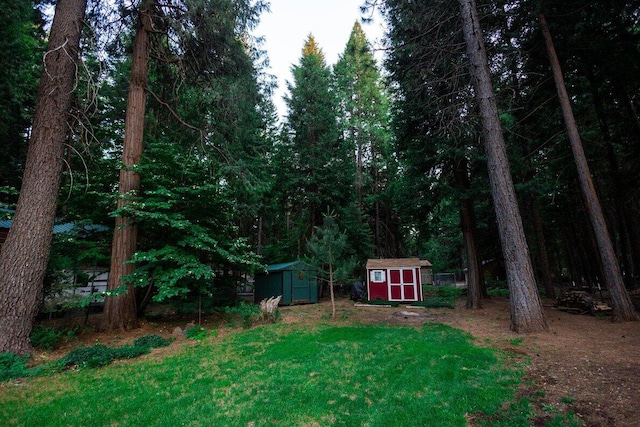 35363 Nehemiah Dr, Shingletown, CA 96088 - view of grassy yard with a storage shed and a view of trees