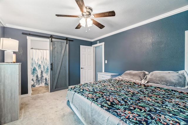 3442 Thomas Ave, Anderson, CA 96007 - bedroom with a barn door, carpet floors, crown molding, and ceiling fan