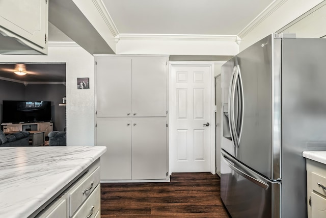 3442 Thomas Ave, Anderson, CA 96007 - kitchen featuring stainless steel refrigerator with ice dispenser, dark wood-style floors, ornamental molding, and white cabinetry