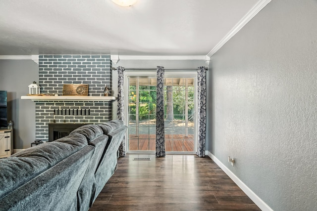3442 Thomas Ave, Anderson, CA 96007 - living area featuring ornamental molding, a textured wall, wood finished floors, and a brick fireplace