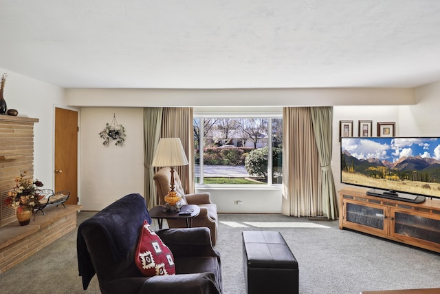 3283 Middleton Ln, Redding, CA 96002 - carpeted living area with a brick fireplace