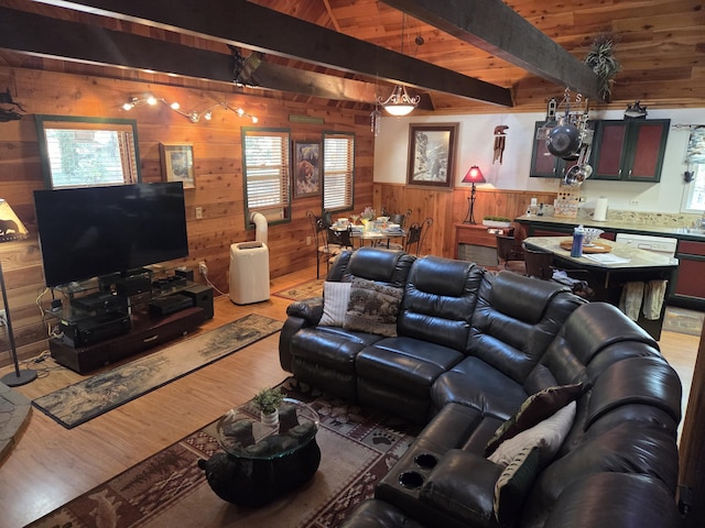 8421 Starlite Pines Rd, Shingletown, CA 96088 - living room featuring wood walls, light wood finished floors, wainscoting, and wood ceiling