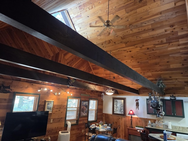 8421 Starlite Pines Rd, Shingletown, CA 96088 - kitchen featuring wood walls, dishwasher, a ceiling fan, and wooden ceiling