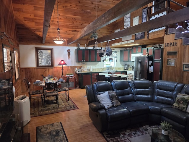 8421 Starlite Pines Rd, Shingletown, CA 96088 - living area featuring wooden walls, light wood finished floors, a wooden ceiling with exposed beams, and wainscoting