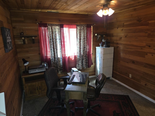 8421 Starlite Pines Rd, Shingletown, CA 96088 - carpeted office featuring wooden walls, wood ceiling, and ceiling fan