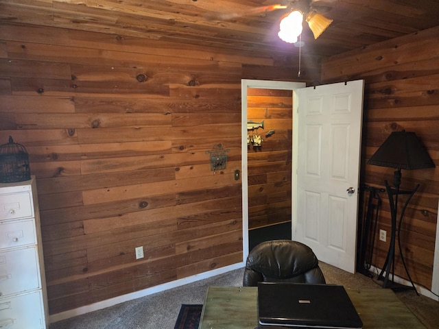 8421 Starlite Pines Rd, Shingletown, CA 96088 - office featuring wooden walls, a ceiling fan, carpet flooring, and wooden ceiling