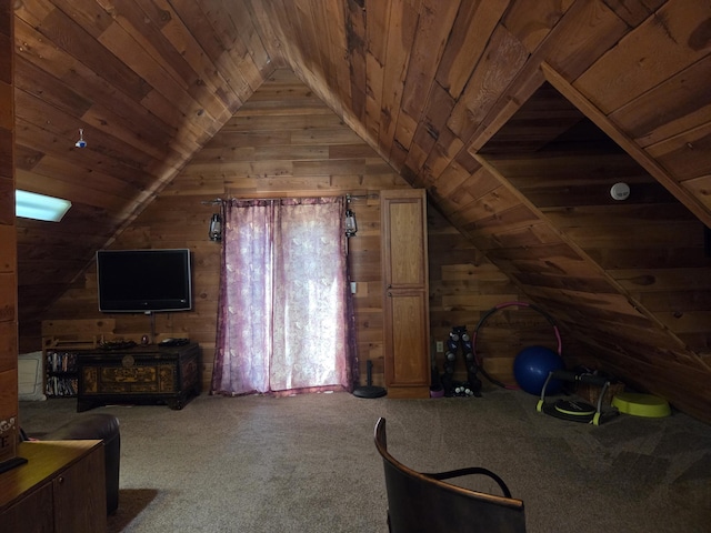 8421 Starlite Pines Rd, Shingletown, CA 96088 - additional living space with wooden walls, vaulted ceiling, wood ceiling, and carpet