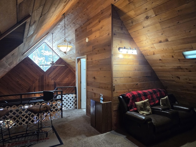 8421 Starlite Pines Rd, Shingletown, CA 96088 - living area with lofted ceiling, wood walls, carpet floors, and wood ceiling