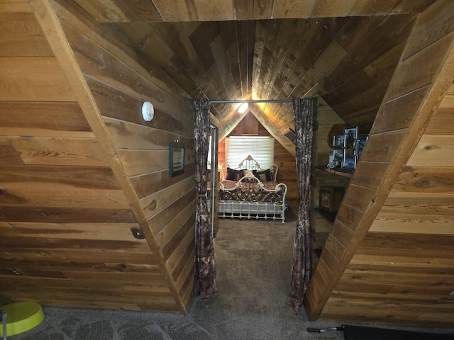 8421 Starlite Pines Rd, Shingletown, CA 96088 - wine area featuring carpet floors, wood ceiling, wooden walls, and lofted ceiling