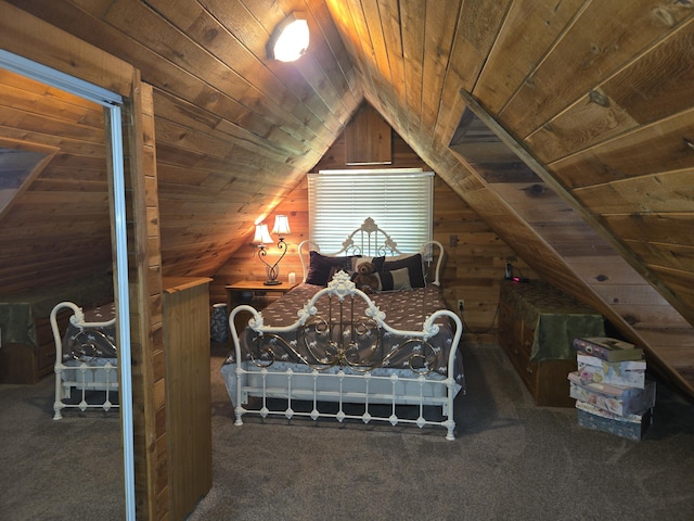 8421 Starlite Pines Rd, Shingletown, CA 96088 - carpeted bedroom with wood ceiling, wooden walls, and lofted ceiling