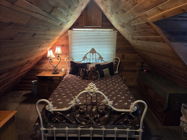 8421 Starlite Pines Rd, Shingletown, CA 96088 - carpeted bedroom featuring wood walls, wooden ceiling, and lofted ceiling