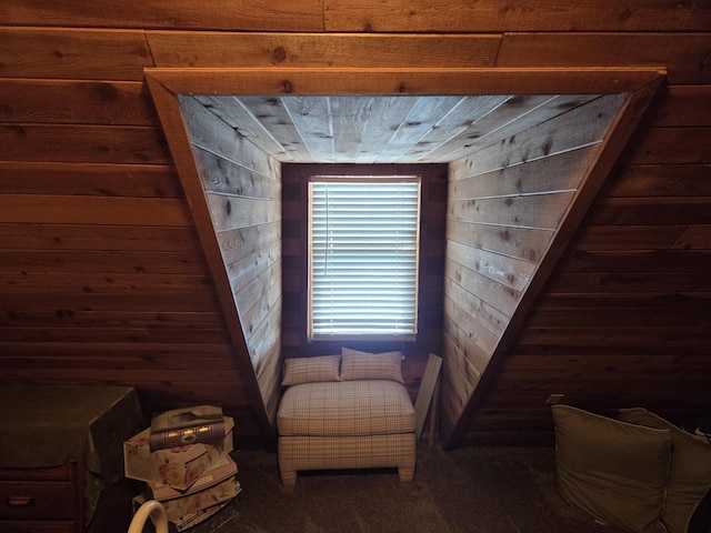 8421 Starlite Pines Rd, Shingletown, CA 96088 - sitting room with wooden walls, carpet flooring, and wood ceiling