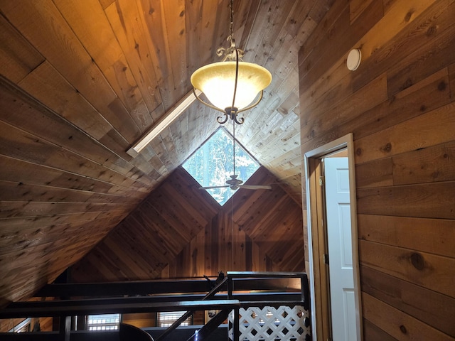 8421 Starlite Pines Rd, Shingletown, CA 96088 - stairs featuring wooden walls, wood ceiling, vaulted ceiling, and healthy amount of natural light