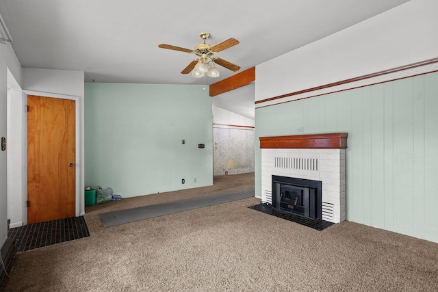 4100 Fort Peck St, Shasta Lake, CA 96019 - unfurnished living room featuring carpet flooring, a ceiling fan, a brick fireplace, and vaulted ceiling
