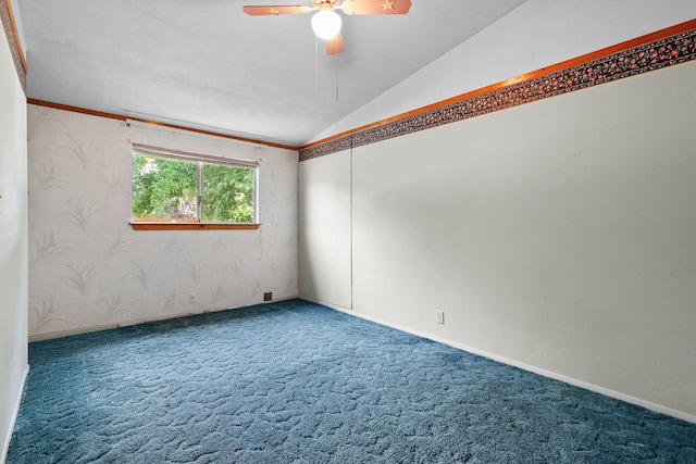4100 Fort Peck St, Shasta Lake, CA 96019 - empty room featuring lofted ceiling, carpet flooring, a ceiling fan, and wallpapered walls