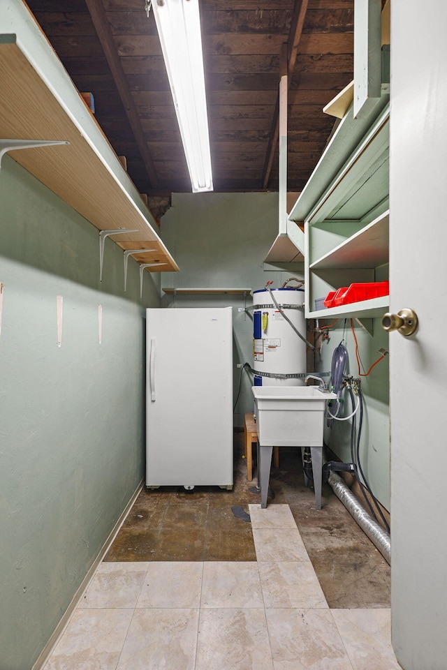 4100 Fort Peck St, Shasta Lake, CA 96019 - below grade area with water heater, freestanding refrigerator, and wood ceiling