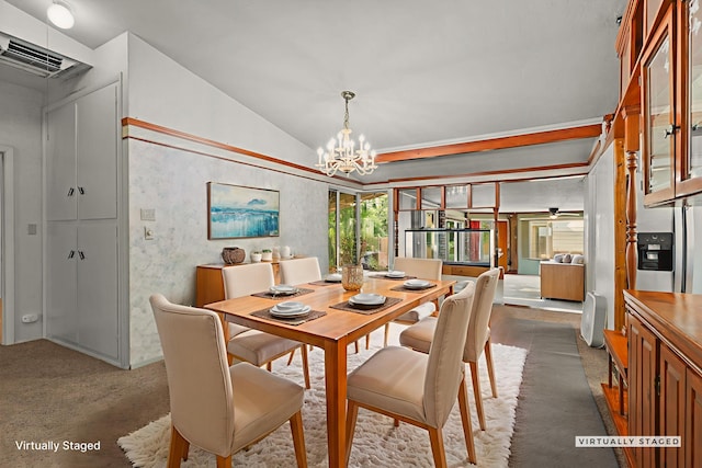 4100 Fort Peck St, Shasta Lake, CA 96019 - dining area with lofted ceiling, dark carpet, and a chandelier