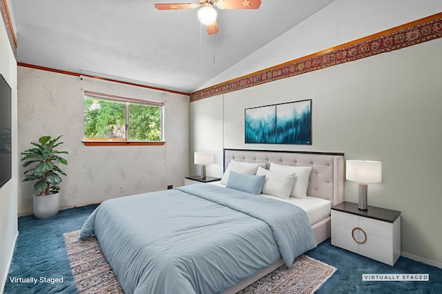 4100 Fort Peck St, Shasta Lake, CA 96019 - bedroom with carpet floors, wallpapered walls, vaulted ceiling, and a ceiling fan