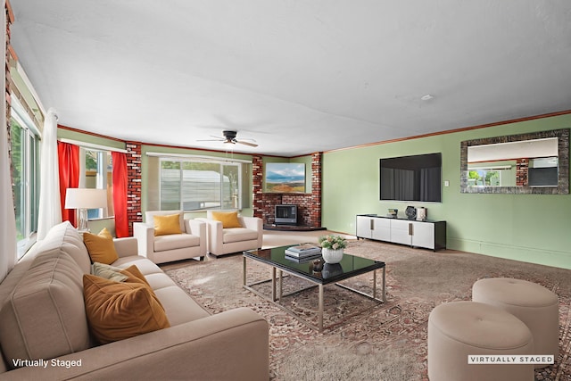4100 Fort Peck St, Shasta Lake, CA 96019 - carpeted living area with a ceiling fan, a brick fireplace, and crown molding
