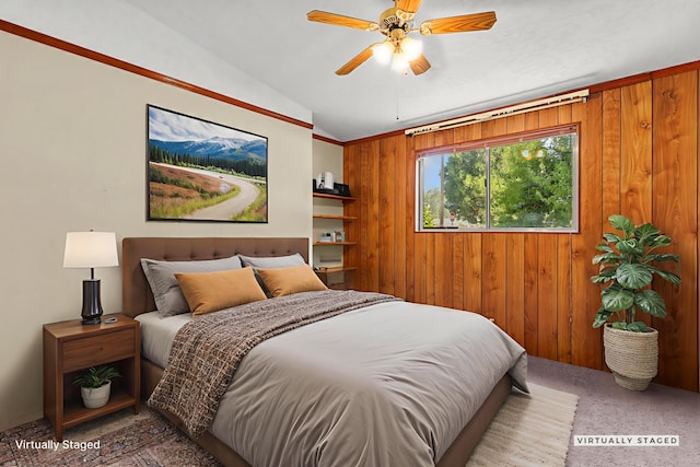 4100 Fort Peck St, Shasta Lake, CA 96019 - bedroom featuring vaulted ceiling, wooden walls, carpet flooring, and a ceiling fan