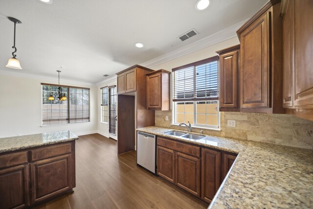 5569 Diamond Ridge Dr, Redding, CA 96003 - kitchen featuring stainless steel dishwasher, recessed lighting, tasteful backsplash, crown molding, and dark wood-style floors