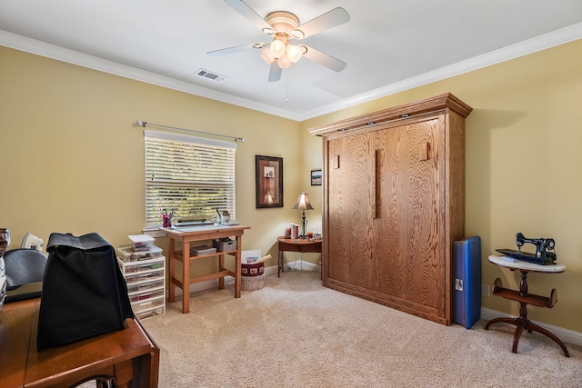 1533 Spanish Bay Dr, Redding, CA 96003 - home office with light colored carpet, ceiling fan, and crown molding