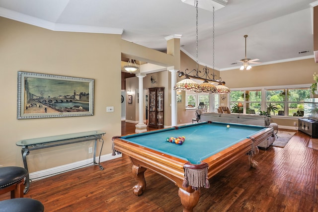 1533 Spanish Bay Dr, Redding, CA 96003 - playroom featuring ornate columns, crown molding, lofted ceiling, hardwood / wood-style floors, and pool table