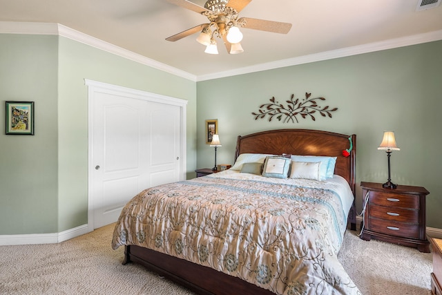 1533 Spanish Bay Dr, Redding, CA 96003 - bedroom featuring carpet floors, ornamental molding, a closet, and ceiling fan