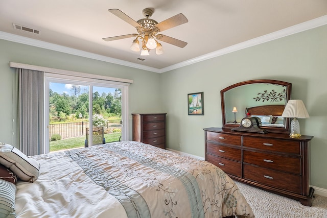1533 Spanish Bay Dr, Redding, CA 96003 - bedroom featuring access to outside, ornamental molding, light colored carpet, and a ceiling fan