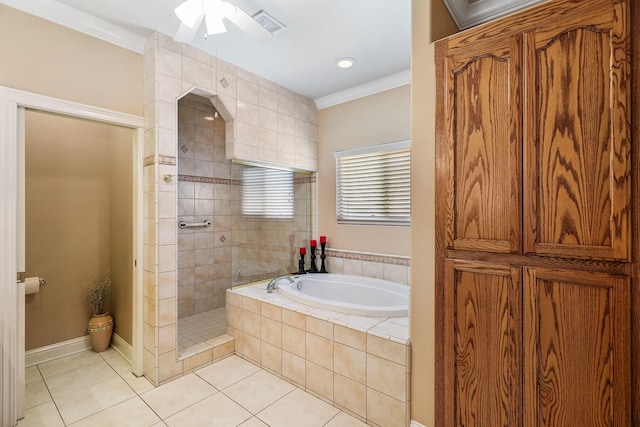 1533 Spanish Bay Dr, Redding, CA 96003 - full bath with tile patterned floors, a bath, a tile shower, crown molding, and a ceiling fan