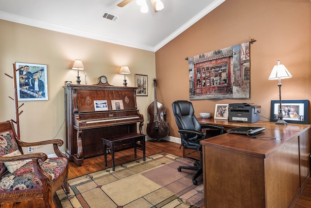 1533 Spanish Bay Dr, Redding, CA 96003 - office space featuring ornamental molding, wood finished floors, and ceiling fan