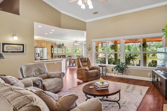1533 Spanish Bay Dr, Redding, CA 96003 - living area featuring ceiling fan, ornamental molding, high vaulted ceiling, and dark wood-style flooring
