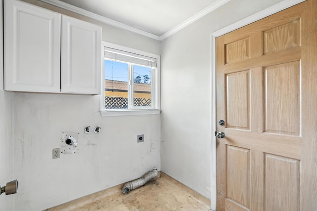 1198 Denton Way, Redding, CA 96002 - laundry area with hookup for an electric dryer, cabinet space, ornamental molding, and gas dryer hookup