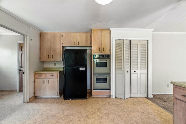 1198 Denton Way, Redding, CA 96002 - kitchen featuring freestanding refrigerator, double oven, light carpet, light brown cabinetry, and ornamental molding