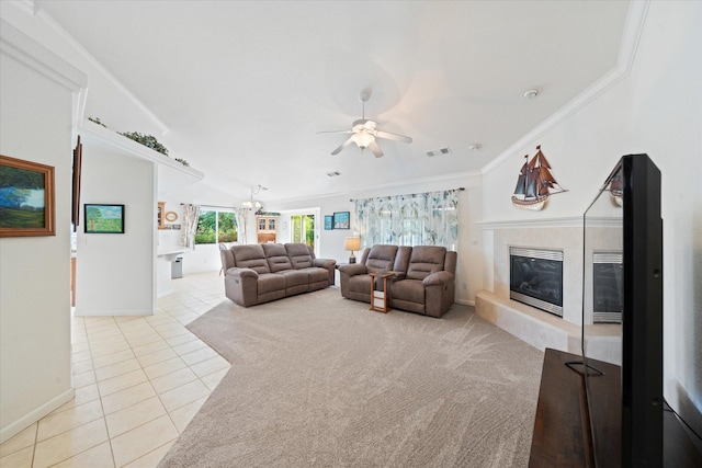 2790 Citrine Ave, Redding, CA 96001 - living room with light tile patterned flooring, ceiling fan, a premium fireplace, ornamental molding, and a chandelier