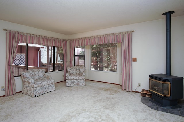 30839 Tinkerbell Ln, Shingletown, CA 96088 - unfurnished room featuring a wood stove and carpet