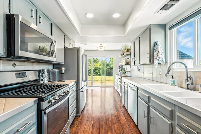 4020 Oro St, Redding, CA 96001 - kitchen with stainless steel appliances, gray cabinetry, dark wood finished floors, a tray ceiling, and backsplash