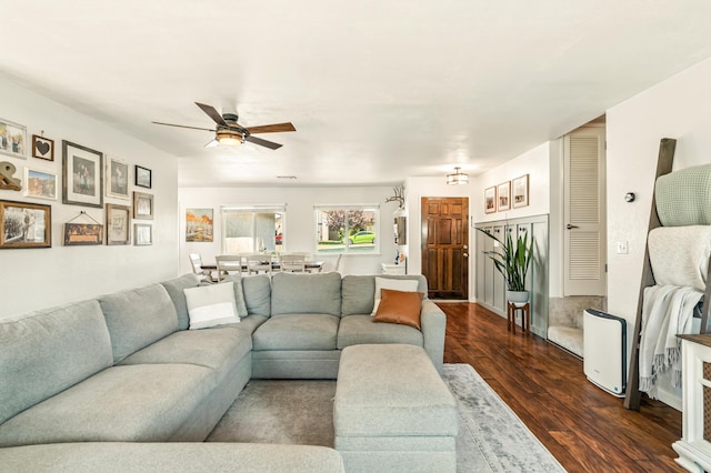 4020 Oro St, Redding, CA 96001 - living room featuring dark wood-style floors and a ceiling fan