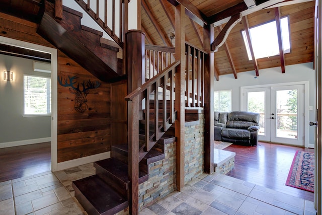 311 Ward Placer Pl, Weaverville, CA 96093 - stairway with wood ceiling, healthy amount of natural light, wood finished floors, and french doors