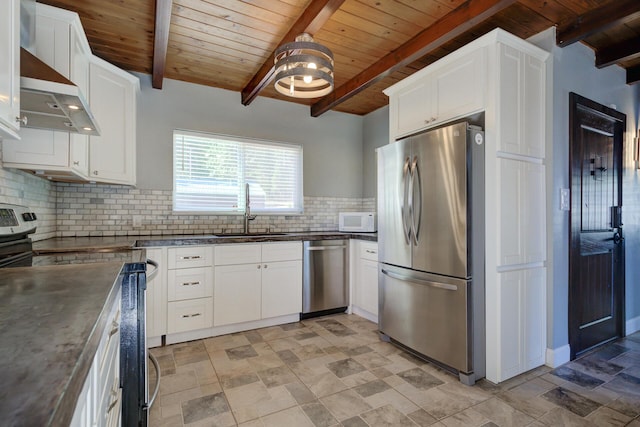 311 Ward Placer Pl, Weaverville, CA 96093 - kitchen featuring stainless steel appliances, a wooden ceiling with exposed beams, range hood, dark countertops, and tasteful backsplash