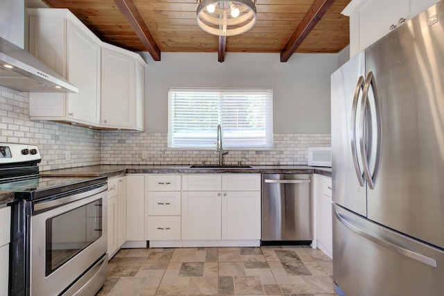 311 Ward Placer Pl, Weaverville, CA 96093 - kitchen featuring stainless steel appliances, wall chimney range hood, a wood ceiling with exposed beams, tasteful backsplash, and white cabinets