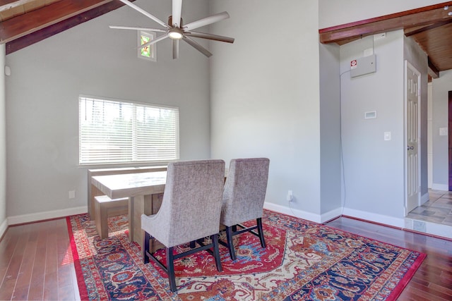 311 Ward Placer Pl, Weaverville, CA 96093 - dining space featuring ceiling fan, hardwood / wood-style floors, and high vaulted ceiling